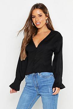 Boohoo Petite Button Front Balloon Sleeve Blouse