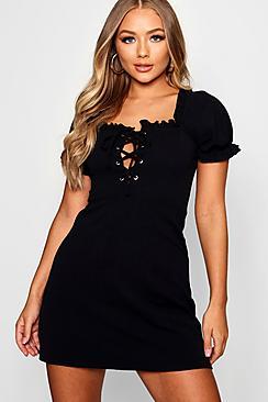 Boohoo Puff Sleeve Lace Up Bodice Shift Dress