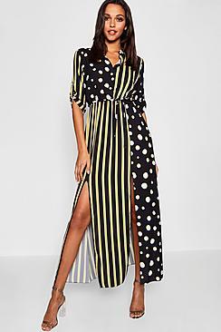 Boohoo Polka Dot + Stripe Mix Print Maxi Shirt Dress