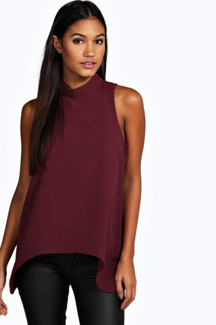 Boohoo Laura Woven High Neck Swing Top Berry