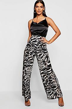 Boohoo Sequin Effect Leopard Print Wide Leg Trousers