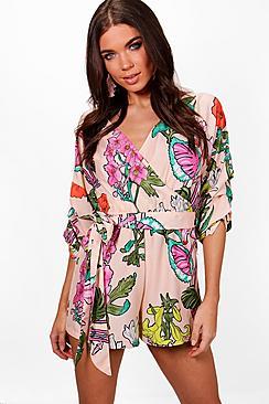 Boohoo Julia Large Floral Ruffle Sleeve Playsuit