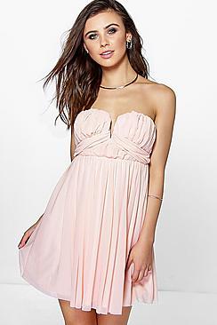 Boohoo Petite Jane Mesh Ruched Plunge Skater Dress