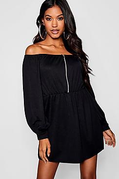 Boohoo Zip Balloon Sleeve Off The Shoulder Sweat Dress