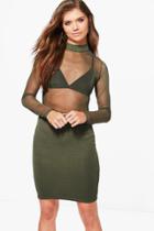 Boohoo Tall Gisele Mesh Top Midi Dress Khaki