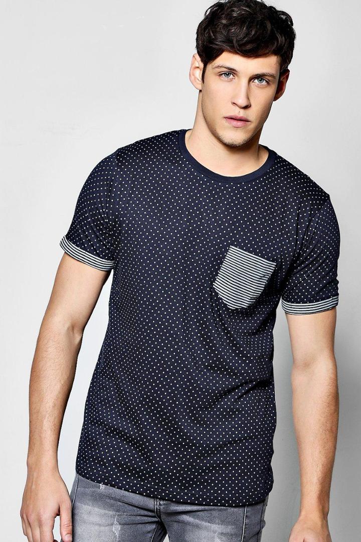 Boohoo Spot Print T Shirt With Stripe Turn Ups Navy