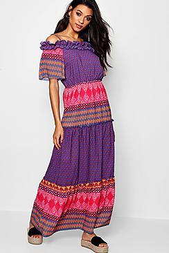 Boohoo Selma Tiered Bohemian Print Maxi Dress
