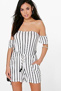 Boohoo Eileen Striped Cold Shoulder Tassel Tie Playsuit