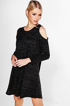 Boohoo Rachel Soft Marl Cold Shoulder Swing Dress