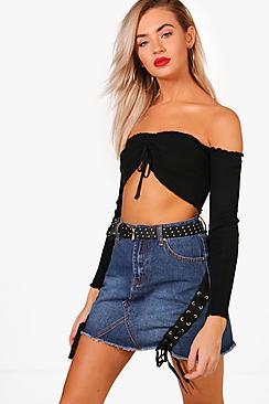 Boohoo Orla Rib Knit Bardot Ruched Front Crop Jumper