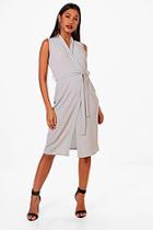 Boohoo Wrap Over Belted Woven Dress