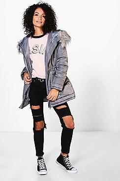 Boohoo Lily Luxe Padded Coat With Faux Fur Hood