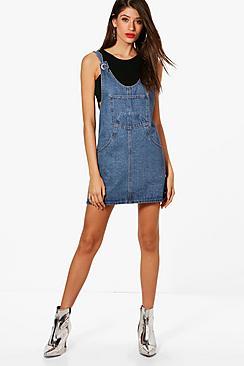 Boohoo Lucy Eyelet Detail Denim Pinafore Dress