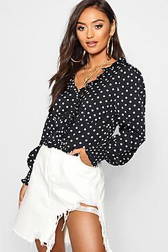 Boohoo Petite Polka Dot Ruffle Blouse