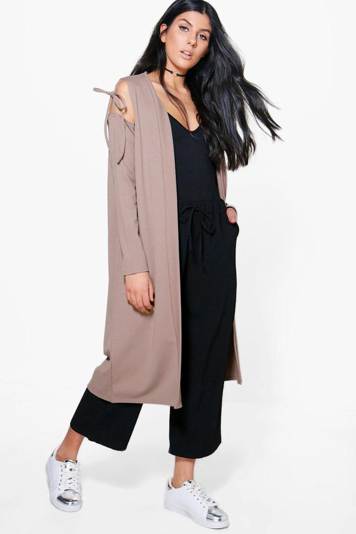 Boohoo Jasmine Tie Sleeve Cold Shoulder Duster Mocha