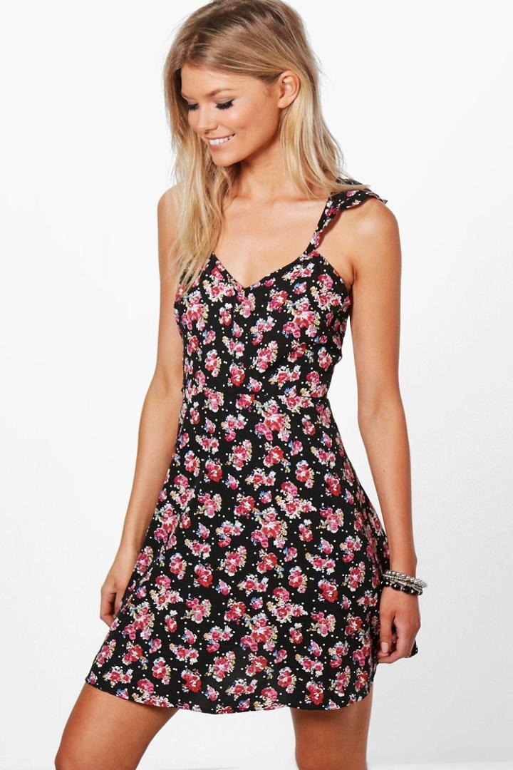 Boohoo Petite Marnie Open Back Ruffle Detail Skater Dress Black