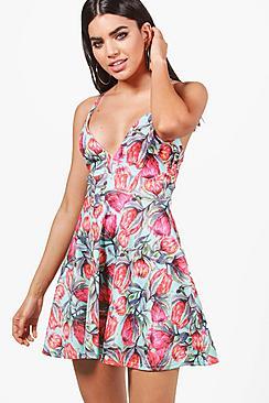 Boohoo Joanna Bold Floral Strappy Skater Dress
