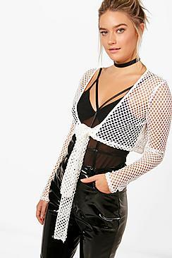 Boohoo Mia Fishnet Tie Back Long Sleeve Crop