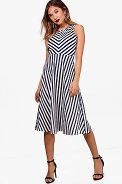 Boohoo Stripe Frill Skirt Midi Skater Dress