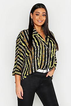 Boohoo Plus Chain Stripe Print Revere Collar Shirt
