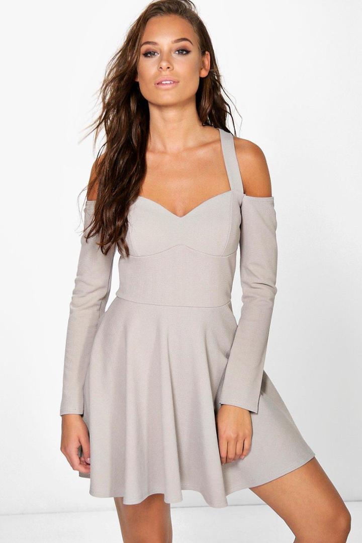 Boohoo Verena Open Shoulder Skater Dress Grey