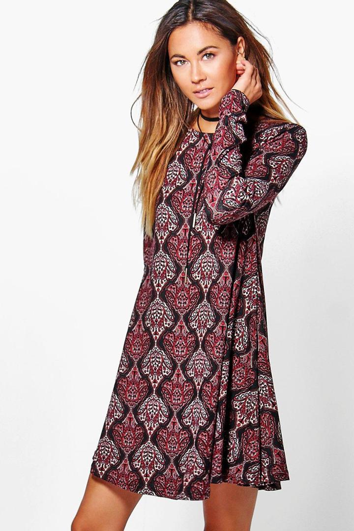 Boohoo Maddy Paisley Brushed Knit Swing Dress Black