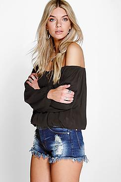 Boohoo Blair Woven Crinkle Off The Shoulder Top