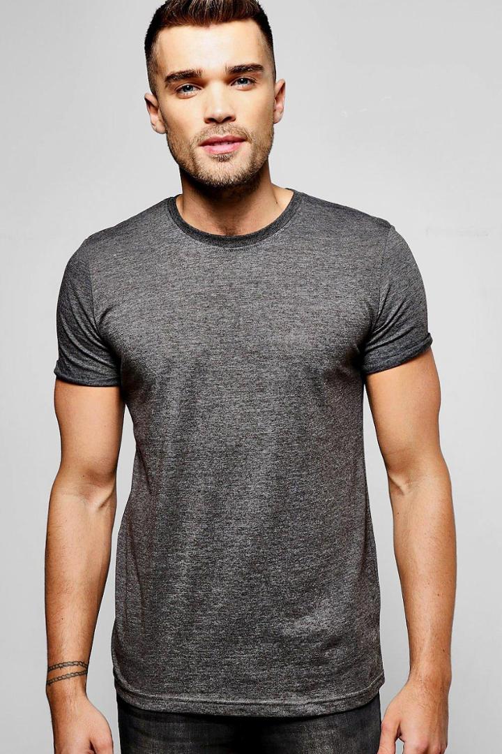 Boohoo Crew Neck T-shirt With Rolled Sleeve Charcoal