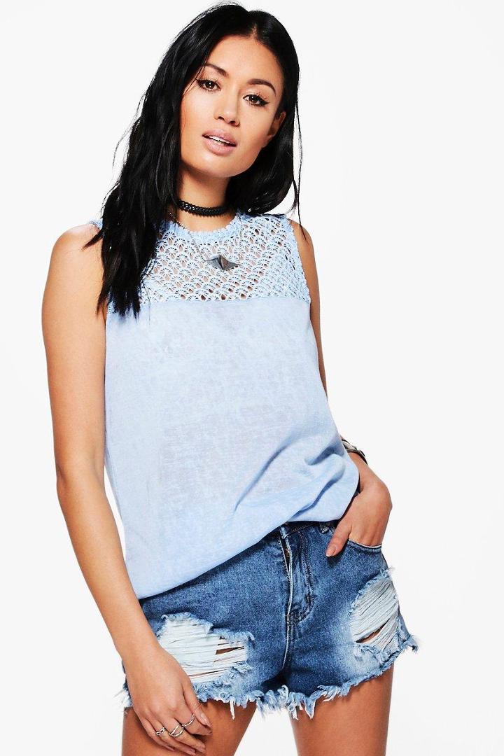 Boohoo Arianna Crochet Panel Woven Top Blue