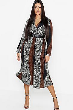Boohoo Plus Mix Leopard Print Wrap Midi Dress