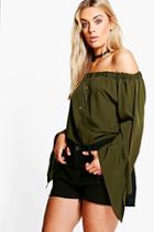 Boohoo Plus Amy Button Off Shoulder Top Khaki