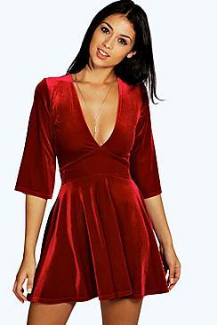 Boohoo Emma Velvet Plunge Empire Seam Skater Dress