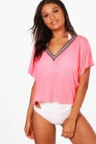 Boohoo Emma Embroidered Tape Slouch Beach Top Pink