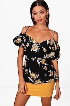 Boohoo Eva Floral Cold Shoulder Wrap Blouse