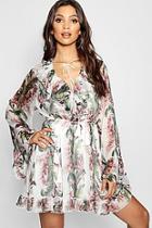 Boohoo Floral Print Flared Sleeve Frill Skater Dress