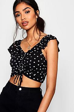 Boohoo Payton Spot Ruched Front Frill Crop