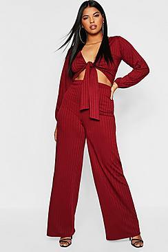 Boohoo Plus Ribbed Wide Leg Trouser