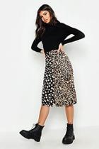 Boohoo Satin Leopard Splice Button Midi Skirt