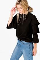 Boohoo Cara Tiered Sleeve High Neck Blouse Black