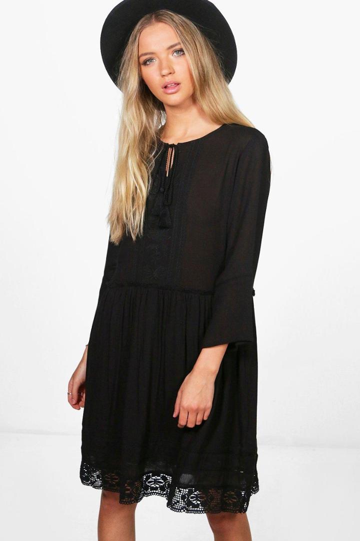 Boohoo Melanie Embroidered Smock Dress Black