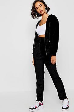 Boohoo Velvet Zip Through Hoody And Jogger Set