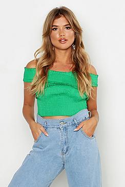 Boohoo Shirred Off The Shoulder Crop