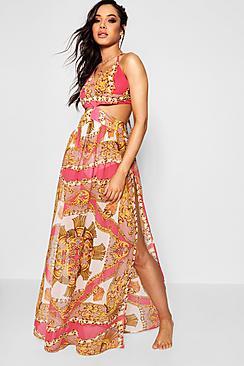 Boohoo Imogen Scarf Print Cut Out Maxi Beach Dress