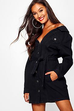 Boohoo Off The Shoulder Denim Shirt Dress
