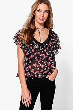 Boohoo Lois Rose Print Trim Ruffle Top