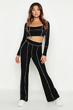 Boohoo Wrap Detail Rib Wide Leg Trouser & Top Co-ord