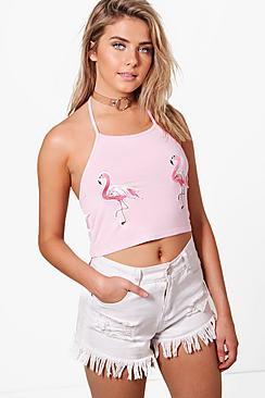 Boohoo Kayla Flamingo Embroidered Halter Crop