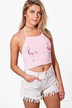 Boohoo Kayla Flamingo Embroidered Halter Crop