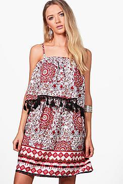 Boohoo Marie Tassel Detail Double Layer Shift Dress