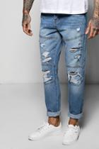 Boohoo Tapered Fit Panelled Jeans With Extreme Rips Blue
